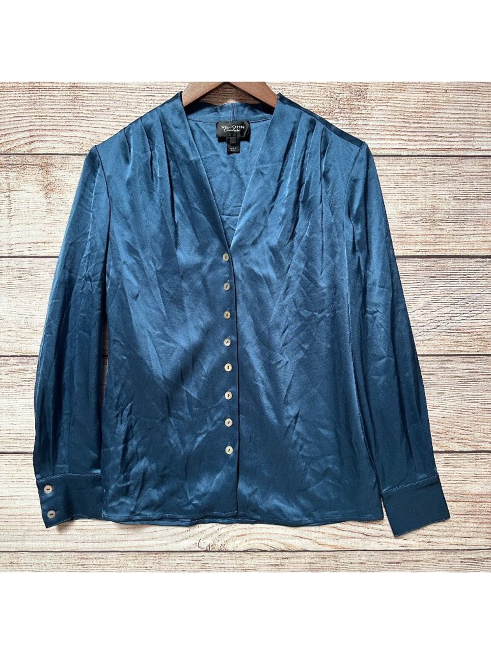 St. John Couture Blue Satin Blouse Women's Size 4 Button Front Long Sleeve Top
